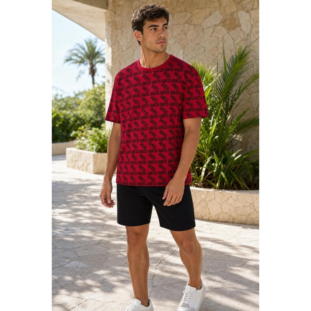 NEW Guess Shirt Men's XL Red Black Logo All Over Print Cotton Tee Monogram - Picture 1 of 12